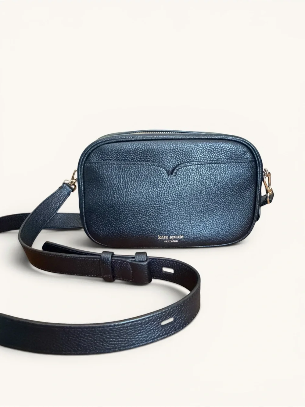 kate spade Black Pebbled Leather Camera Infinite Bag with Gold Hardware